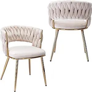 KCC Modern Velvet Dining Chairs Set of 2, Upholstered Living Room Chair with Woven Back and Golde... | Amazon (US)