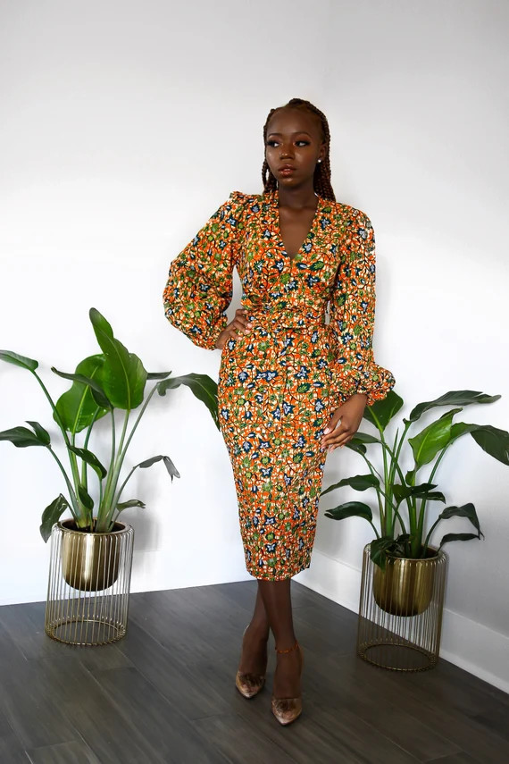 Tolu African Print Bell Sleeve Midi Dress with  Belt and | Etsy | Etsy (US)