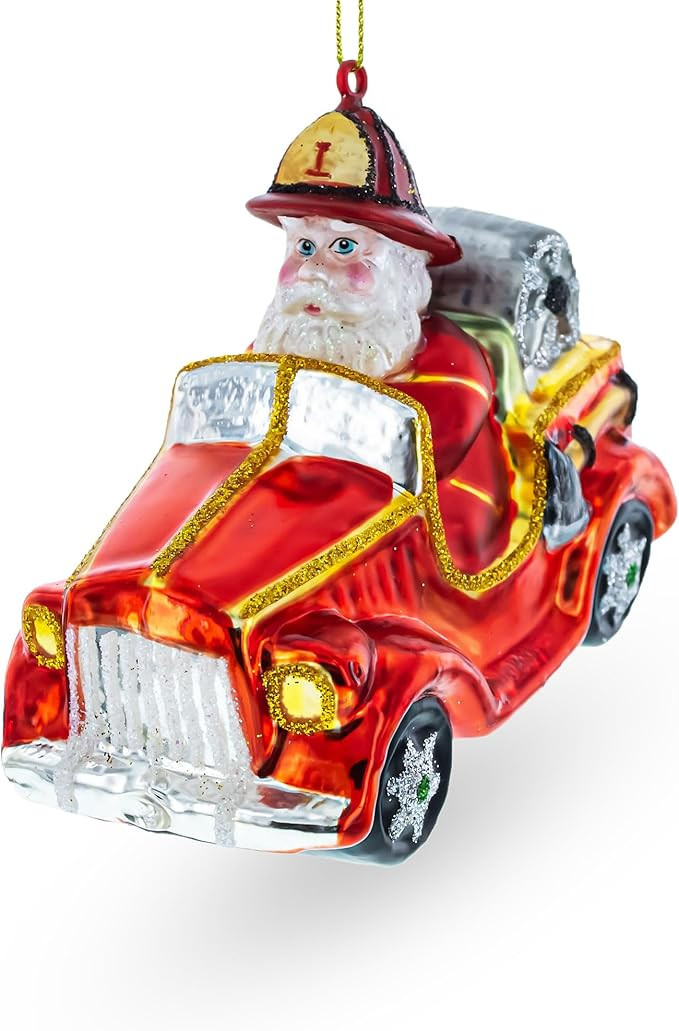 Heroic Santa Firefighter in Fireman Truck Blown Glass Christmas Ornament | Amazon (US)