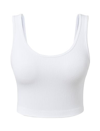 SPRIMEMONG Women's Ribbed Crop Tank Yoga Cropped Top for Workout(White,XL) | Amazon (US)