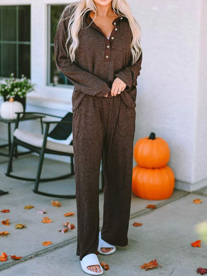 2pcs Women's Solid Ribbed Knit Casual Lapel Collar Button Pocket Daily Home Lounge Set | SHEIN