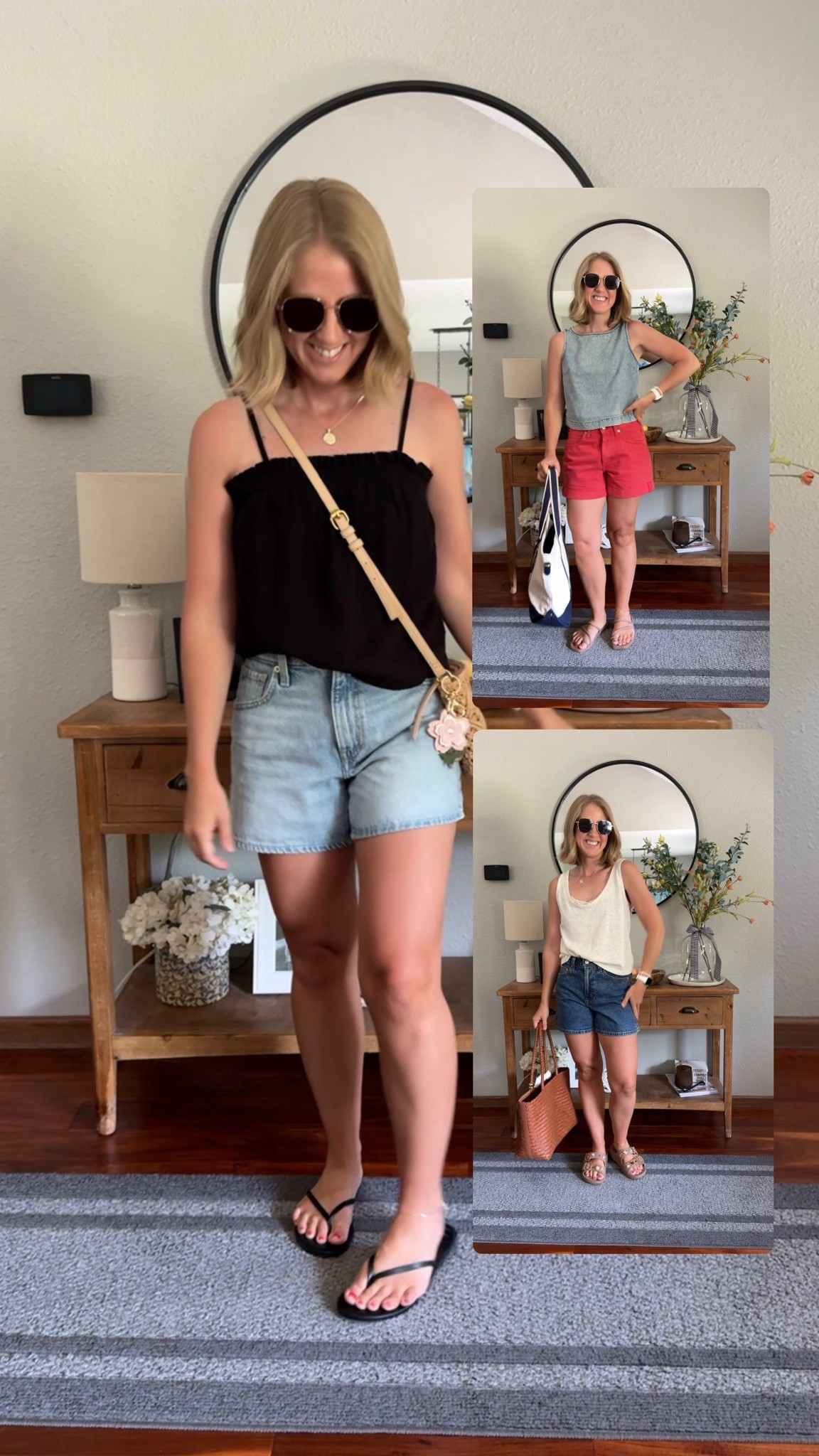 We are wearing a tank and shorts this week! 

Outfit 1 - shorts, size 26. Tank size xs.
Outfit 2- shorts, size 2, tank size xs.
Outfit 3 - shorts, size 4, tank size small.