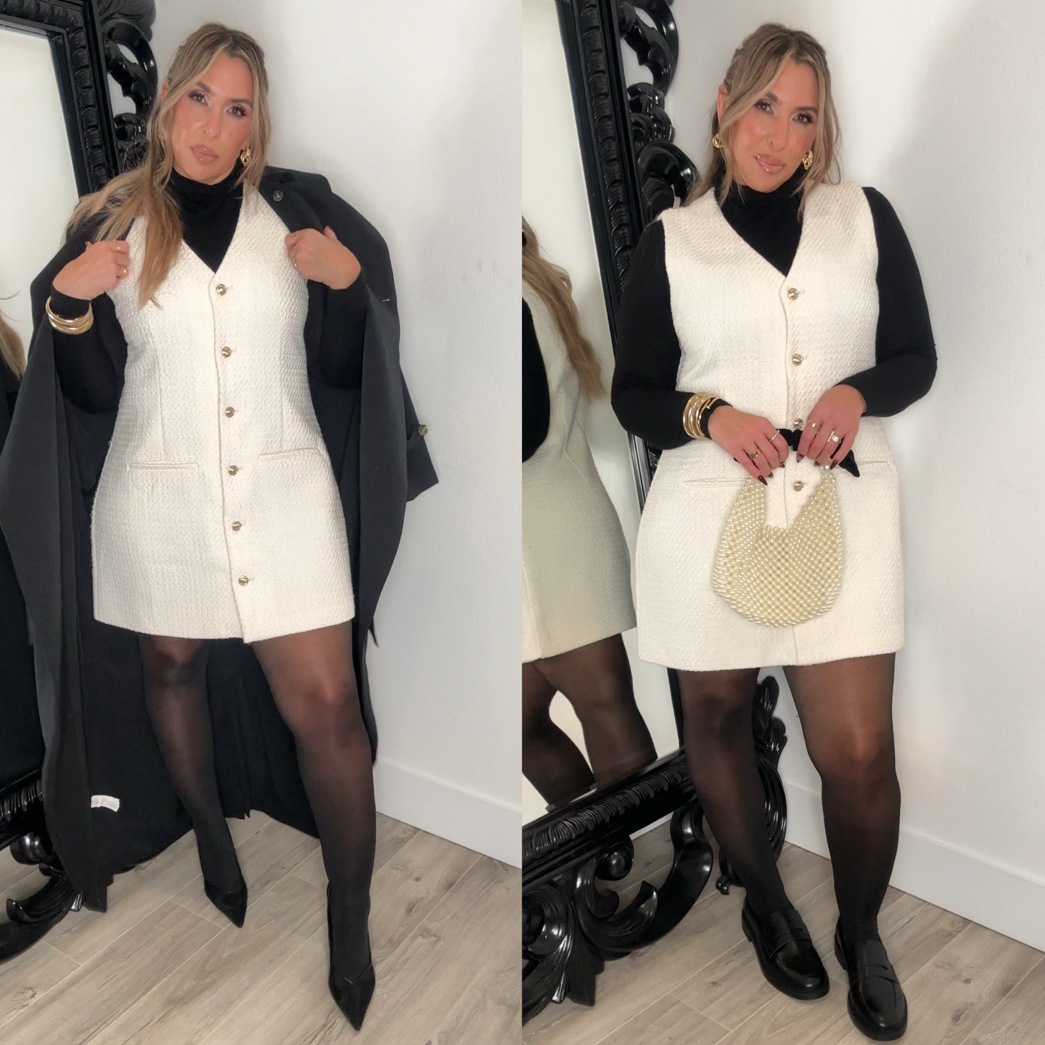 Abercrombie Black Friday Sale. Everything is 25% off plus an extra 15% off using code: BFCMAF at checkout 

abercrombie tweed dress size XL (no stretch size up if curvy in hip/thigh)

Trench size XL (amazing quality) 

Turtleneck old linked similar

sheertex Rip-Resist Tights size XL (important: I was only able to link the classic black if you want the backseam detail click the link and search the site for: )Backseam Sheer Rip-Resist Tights

Target Loafers
Steve Madden Pumps
Linked other shoes to pair 

Linked other coats on the Abercrombie Sale to pair
