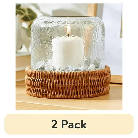 (2 pack) Better Homes & Gardens 7" Decorative Clear Hammered Glass Hurricane Pillar Candle Holder with Brown Woven Base | Walmart (US)