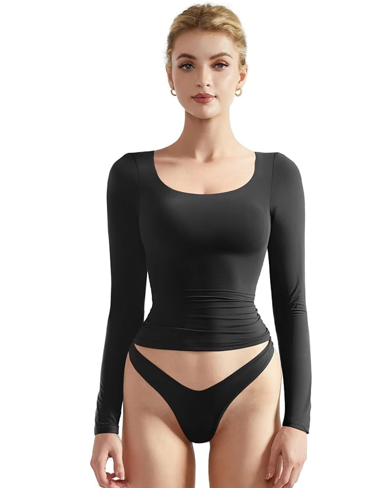 SUUKSESS Women Double Lined Fitted Basic T Shirts Scoop Neck Long Sleeve Crop Top | Amazon (US)