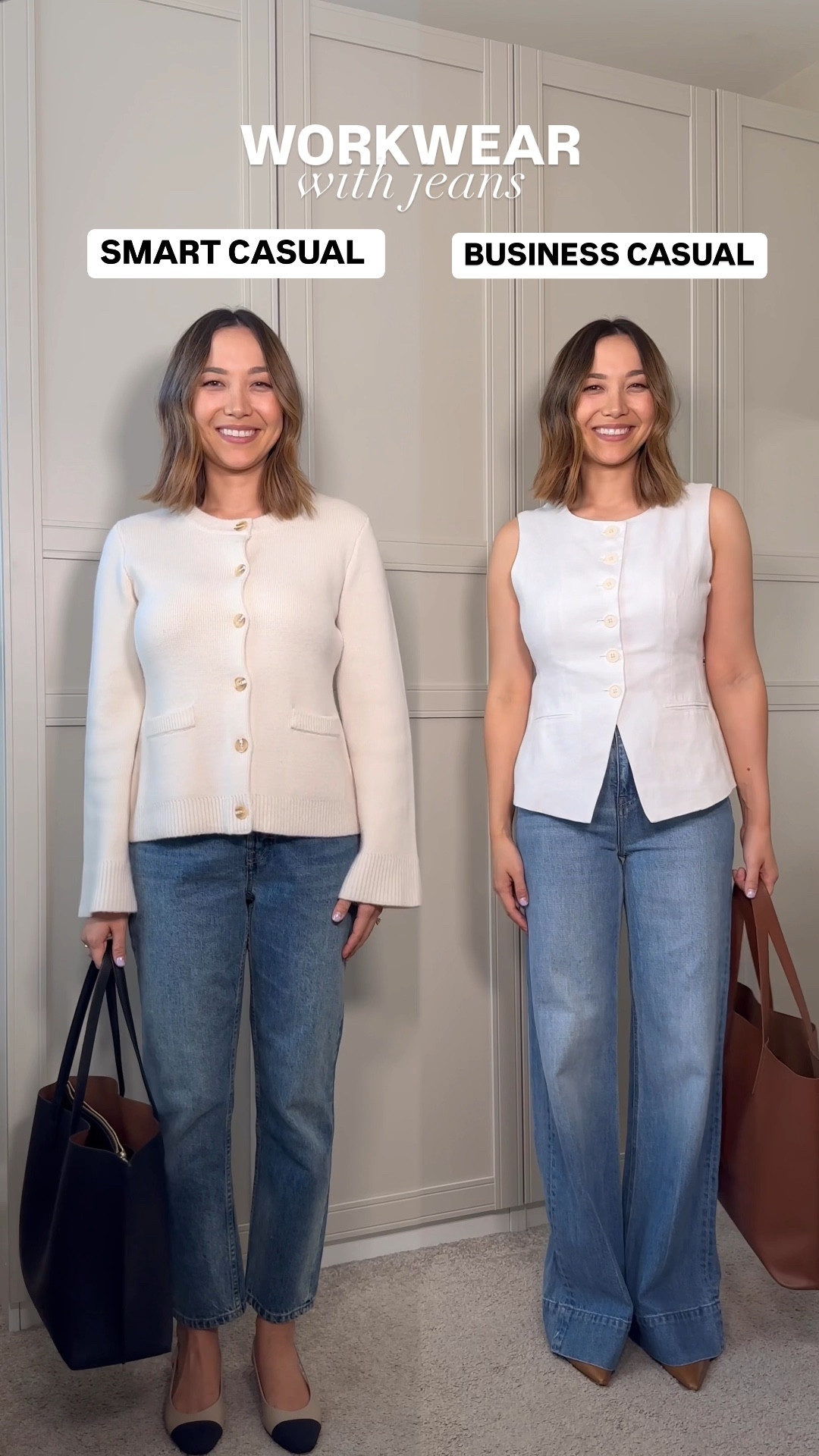 Workwear with jeans - smart casual vs business casual ideas 

Smart casual outfit 
Quince cardigan xs
Everlane 90s cheeky jean 26.5” 
Aliz Slingbacks runs half size small, narrow 

Business casual outfit 
Jcrew vest small
Jcrew jeans - regular inseam, runs one size big 

#LTKWorkwear #LTKSeasonal #LTKStyleTip
