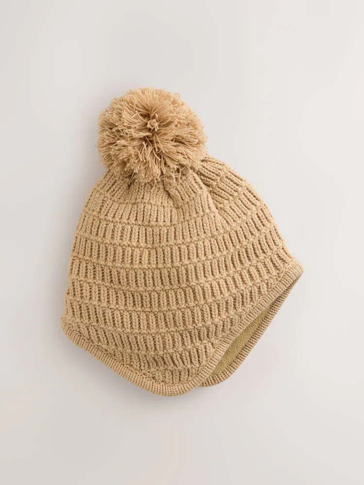 Natural Borg Baby Knitted Trapper Hat With Pom (0mths-2yrs) | Next US