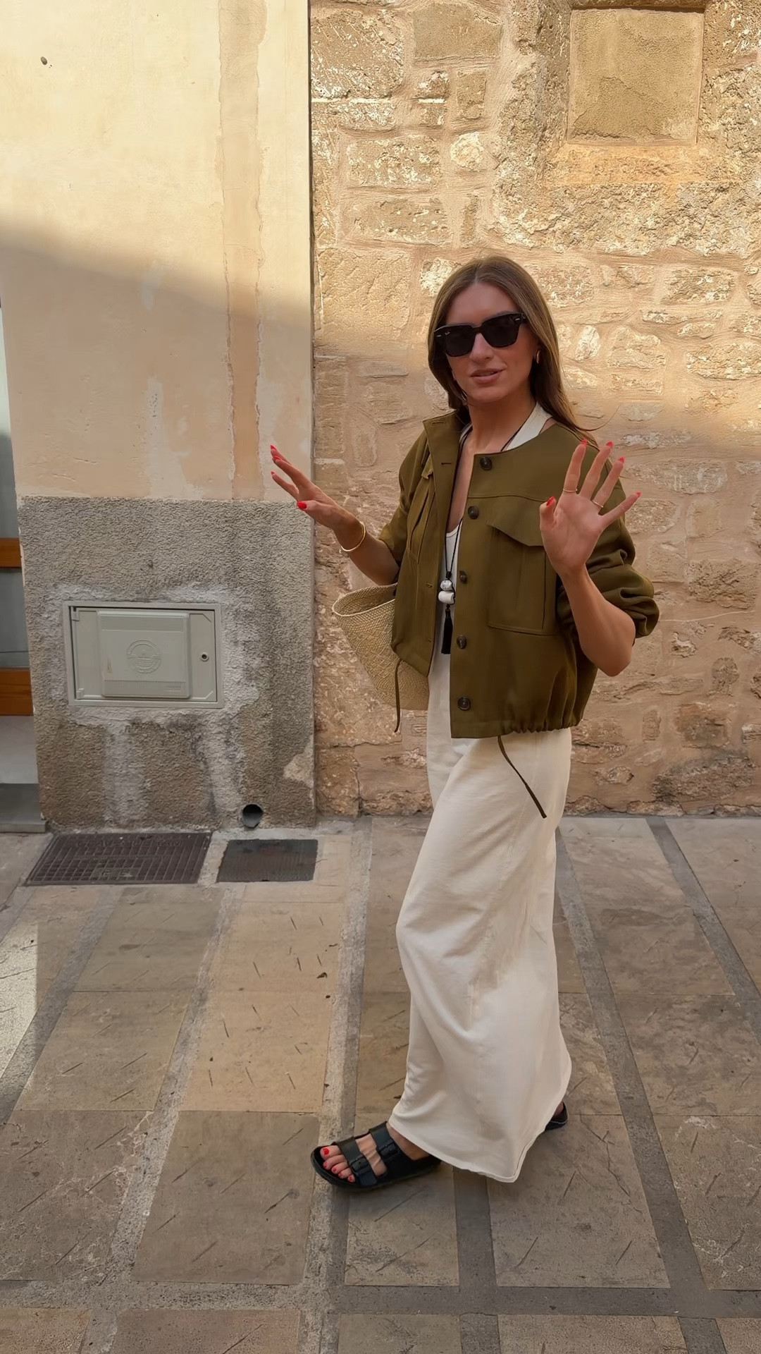 Outfit of the day for walking round Mallorca looking at wedding venues 🥹👰🏼‍♀️🤍 
Size 10 in the M&S jacket
Small in the Zara dress
I’m 5ft 6 
M&S long pendant necklace
Birkenstock sandals
Loewe basket bag 