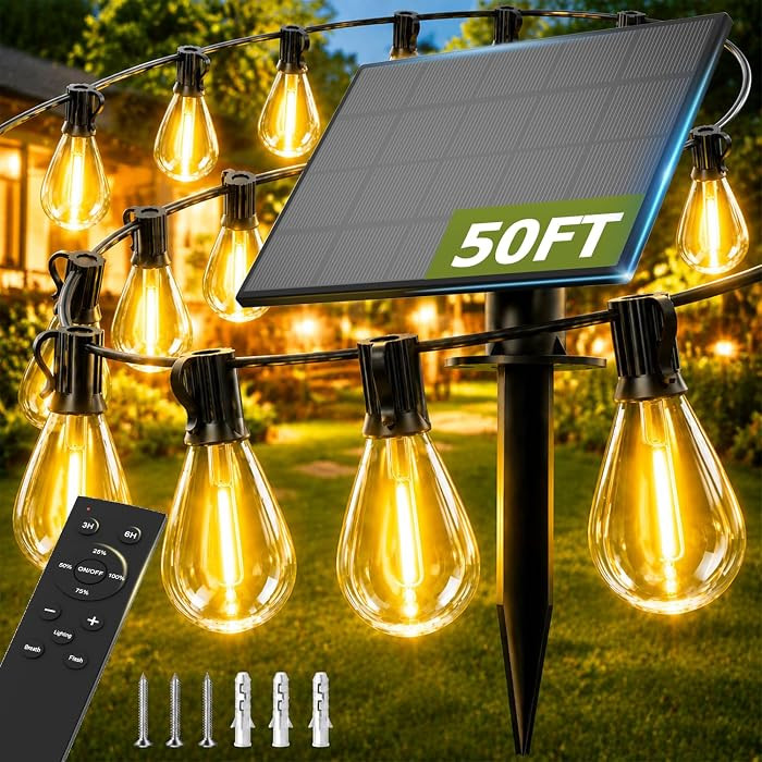 50FT Solar String Lights Outdoor, Dimmable Patio Lights Solar Powered with Remote & USB Port 18+1... | Amazon (US)