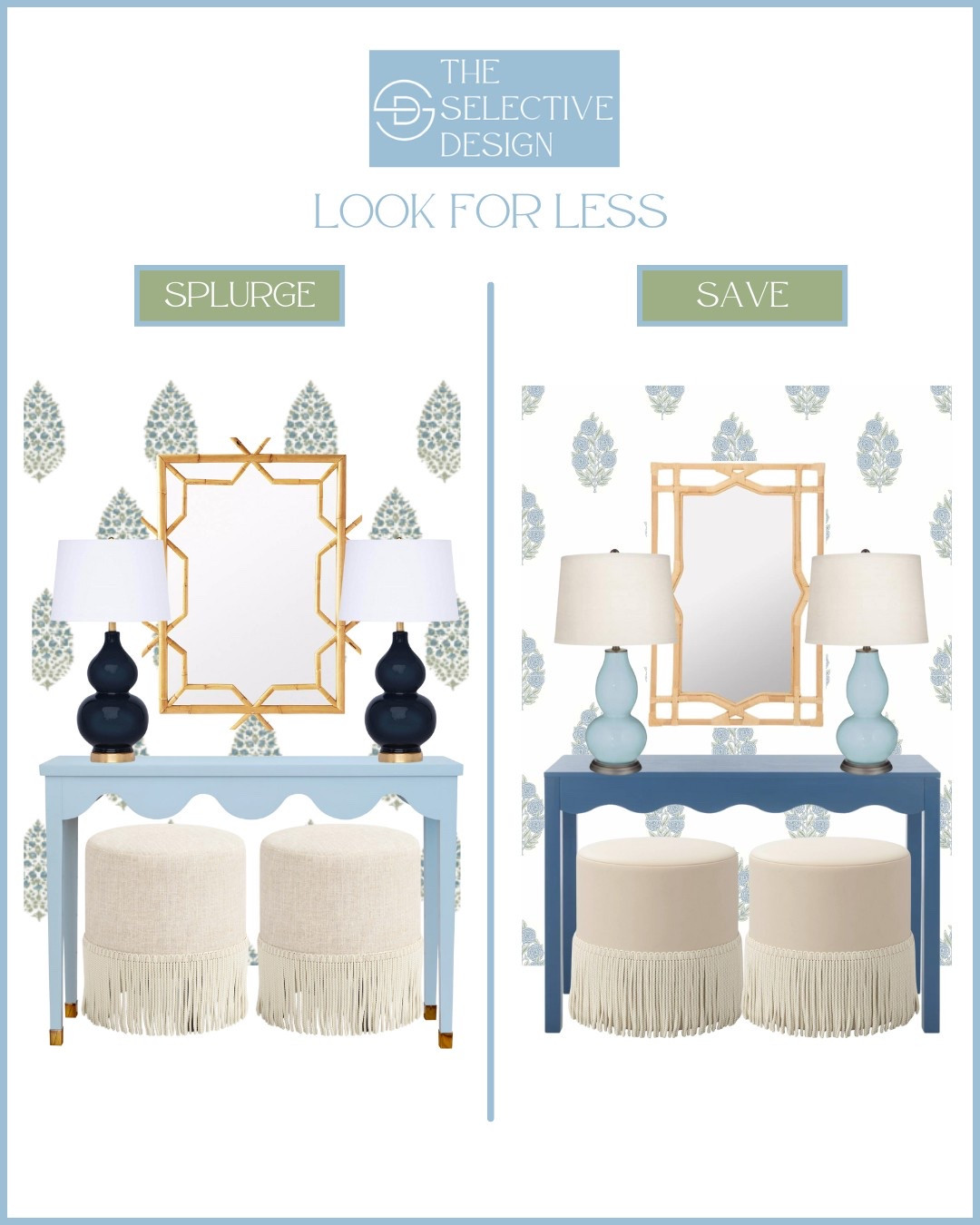 ✨ Budget-Friendly Home Decor: Look for Less ✨
Luxury designer style without the price tag! This look for less entryway design proves you can achieve a high-end look on a budget. From the elegant blue console table to statement rattan mirror and chic fringe ottomans — this is affordable interior design at its finest!
💡 Tip: Mixing classic pieces with budget-friendly finds keeps your home looking designer without overspending.
Which look is your vibe — Are you team splurge or save?

Society social look for less, grandmillennial home decor look for less, budget friendly home decor, affordable home decor, blue and green home decor, home refresh 

#LTKFindsUnder100 #LTKHome #LTKSaleAlert