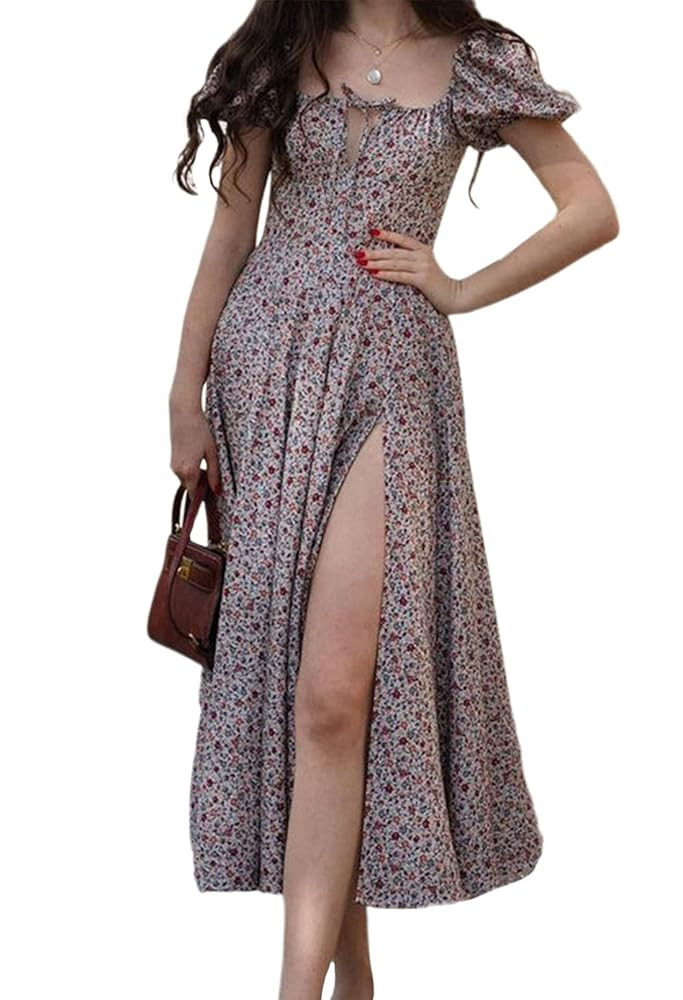 Linsery Women's Puff Sleeve Floral Maxi Dress Elegant Square Neck Cottagecore Boho Split Long Dre... | Amazon (US)
