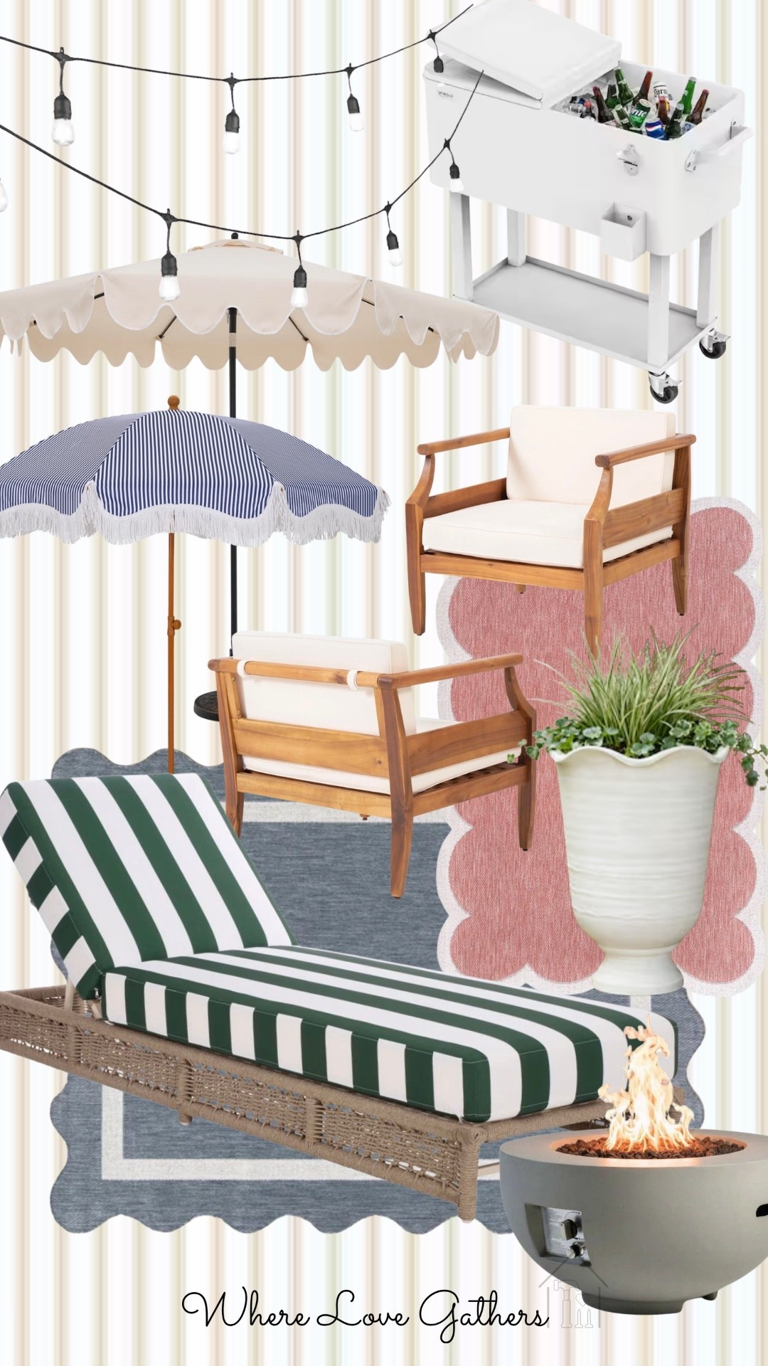 Affordable outdoor living furniture with umbrellas, chairs, fire pit and string lights 

#LTKSeasonal #LTKHome #LTKOver40