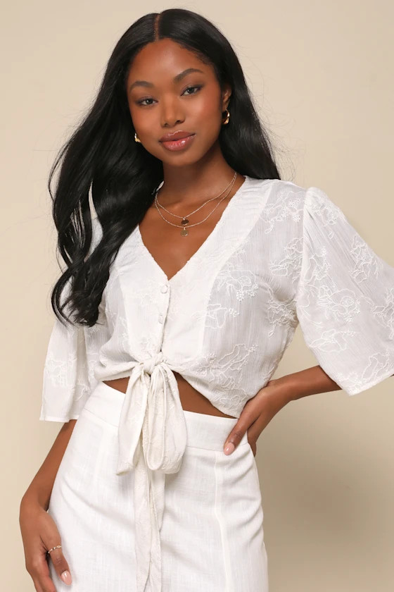 Delightful Darling White Floral Embroidered Tie-Front Crop Top | Lulus
