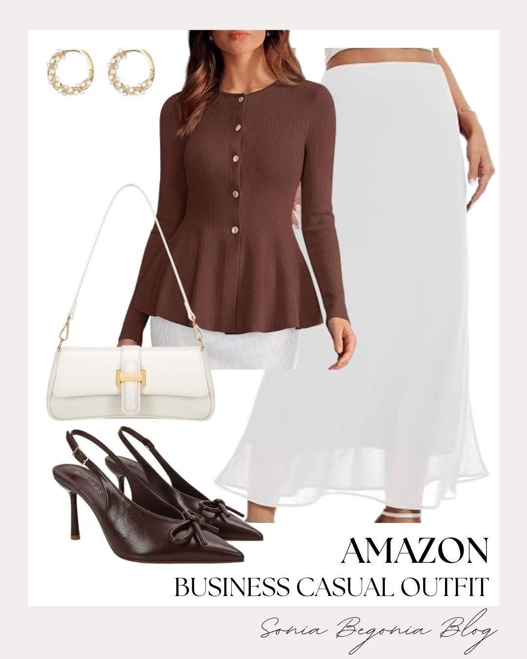 Sophisticated workwear inspo! 💼 

Styled a rich brown button-down peplum cardigan with a flowing white midi skirt, matching brown pointed-toe bow slingbacks, a chic white shoulder bag, and pearl hoop earrings. ✨

#AmazonFashion #BusinessCasual #WorkwearInspo #LTKworkwear #OfficeOOTD #LTKshopper

#LTKootd #LTKSeasonal #LTKWorkwear