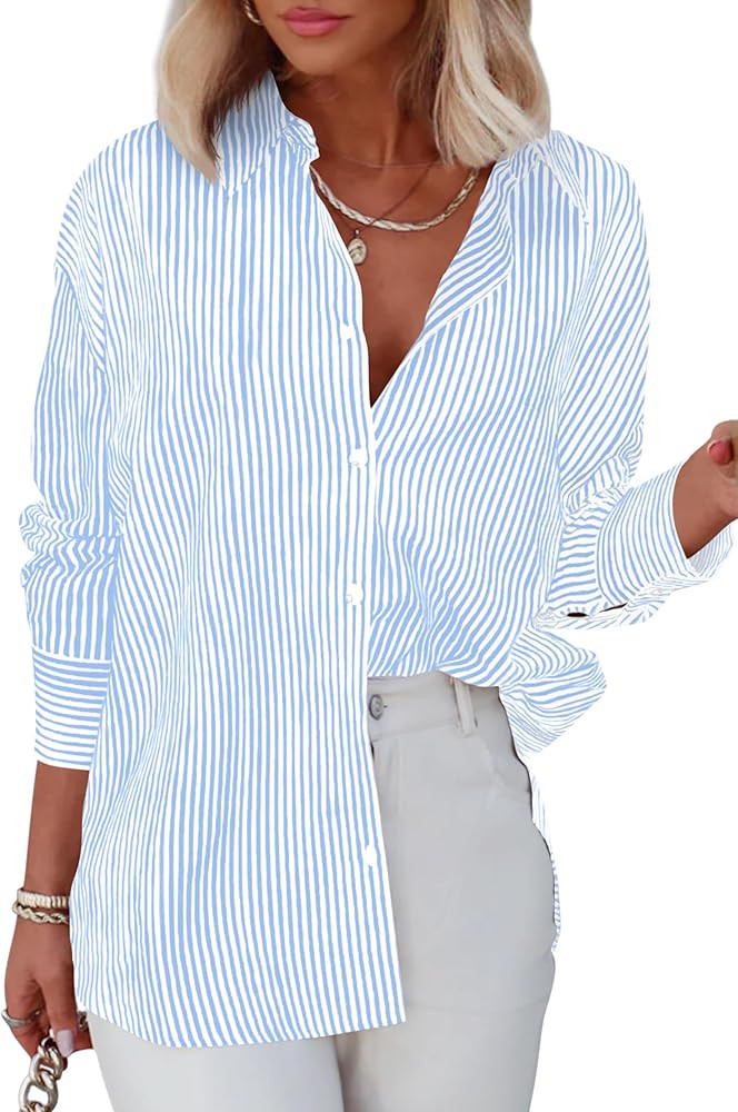 Diosun Womens Striped Button Down Shirts Classic Long Sleeve Stylish Collared Office Work Blouses... | Amazon (US)