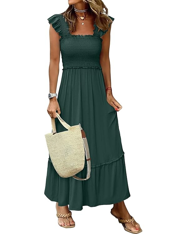 ANRABESS Womens Summer Sleeveless Maxi Dress Square Neck Smocked Boho Casual Ruffle Strap Flowy A... | Amazon (US)