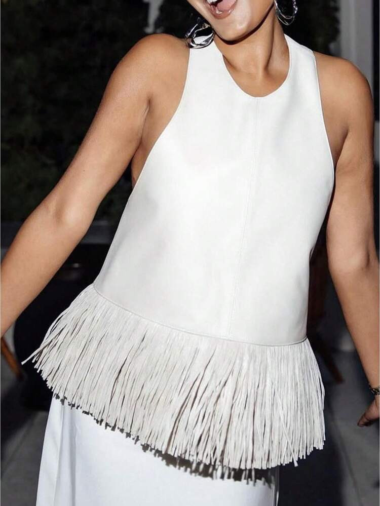Women's Faux Leather Halter Top With Fringe Trim Backless Vest Y2K Motorcycle Punk Sleeveless Blo... | SHEIN