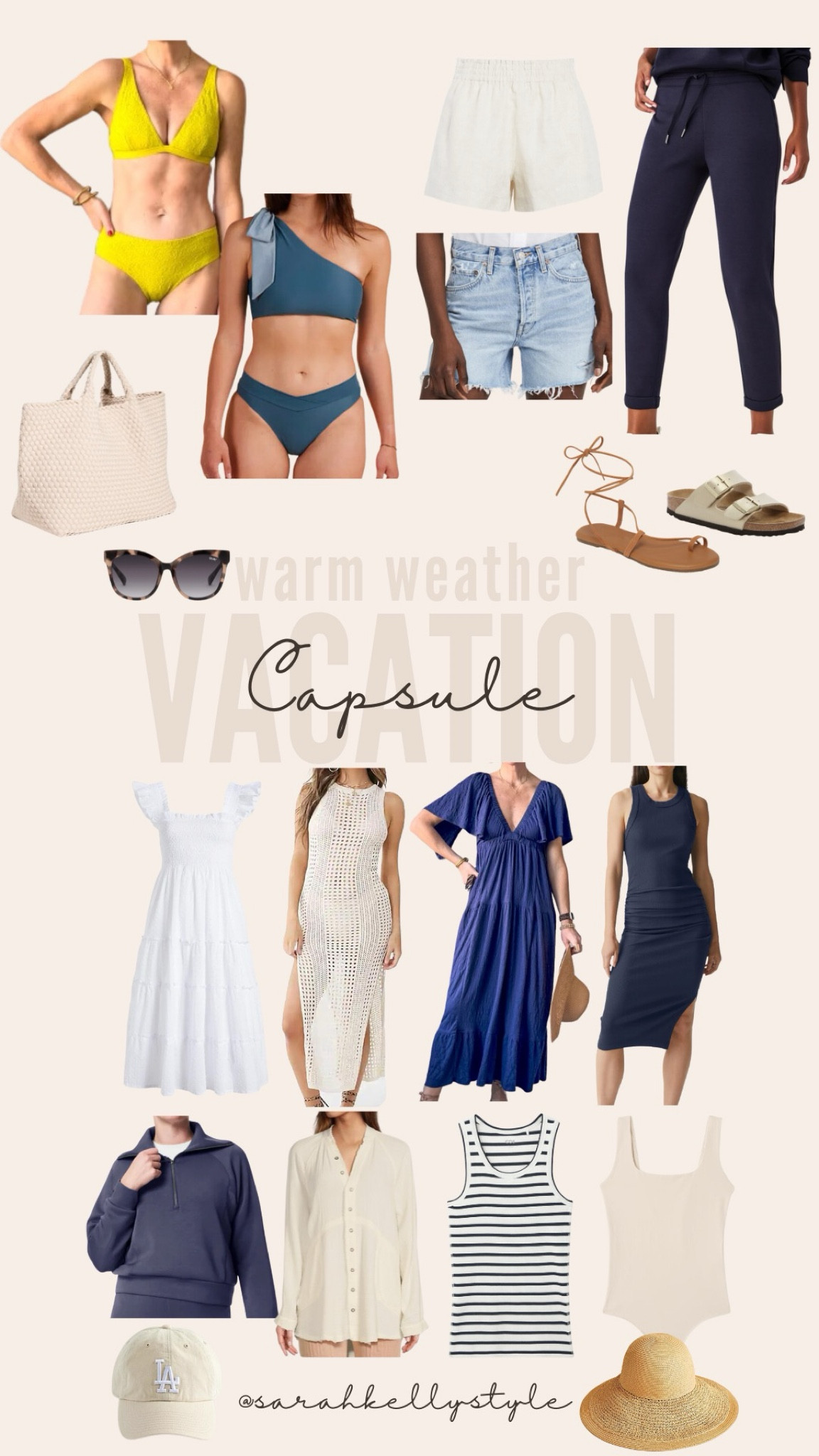 Vacation capsule wardroom for warm weather travel - swimwear, shorts, travel, spring/summer dress, beach coverup, sandals, Sarah Kelly Style

#LTKover40 #LTKtravel #LTKSeasonal