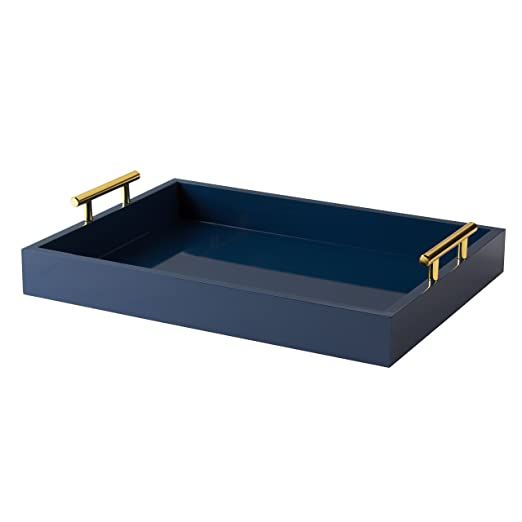 Kate and Laurel Lipton Decorative Tray with Polished Metal Handles, Navy Blue and Gold | Amazon (US)