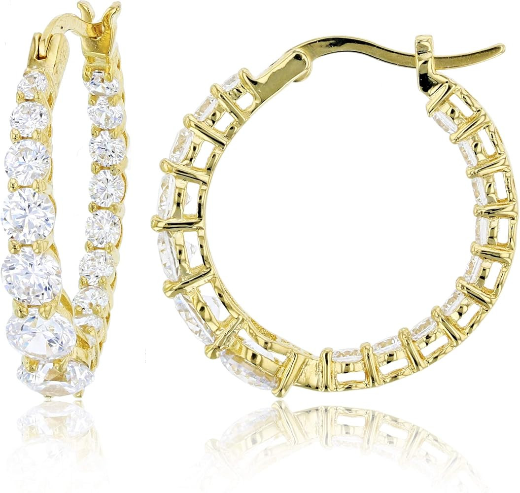 Sterling Silver or Gold Plated Round Cubic Zirconia Graduated Hoop Earrings, 3x25mm | Amazon (US)