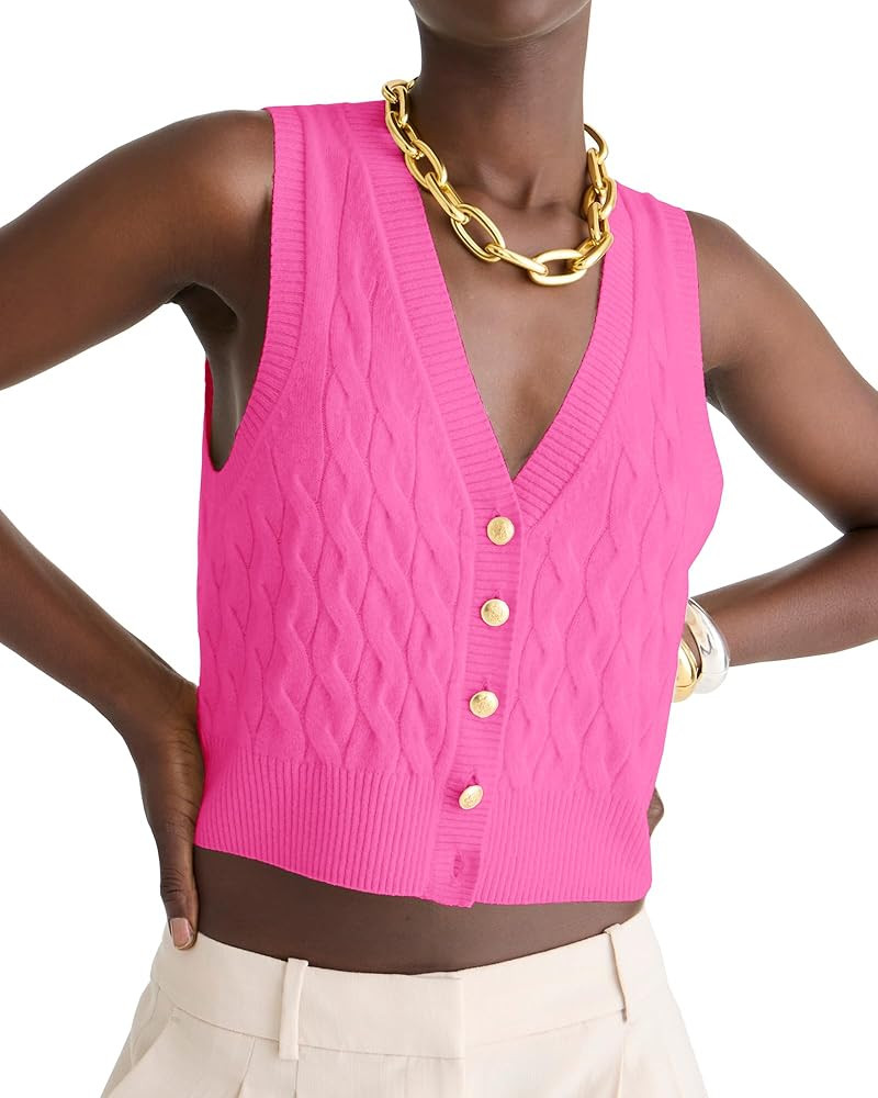 Locachy Women's V Neck Sleeveless Cable Knit Sweater Vest Soft 2024 Summer Button Front Cardigan ... | Amazon (US)