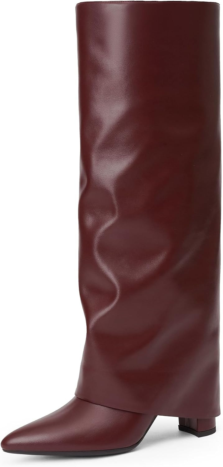 Knee High Boots Women Fold Over Boots Chunky Heel Pointed Toe Tall Boots | Amazon (US)