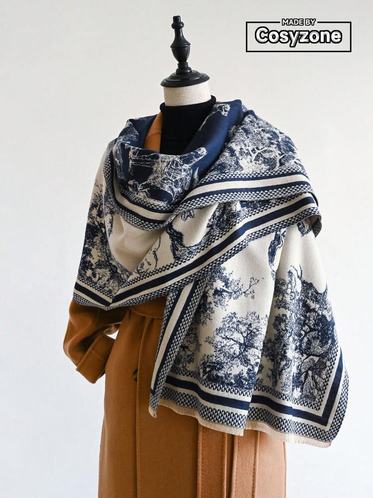 Soft navy and white large shawl  | SHEIN