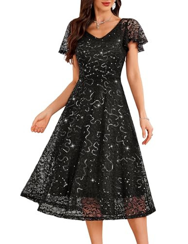Dressystar 2026 Women's V Neck Lace Sequin Formal Wedding Guest Dress Sparkly Midi A Line Cap Sleeves Cocktail Party Dresses Black M | Amazon (US)
