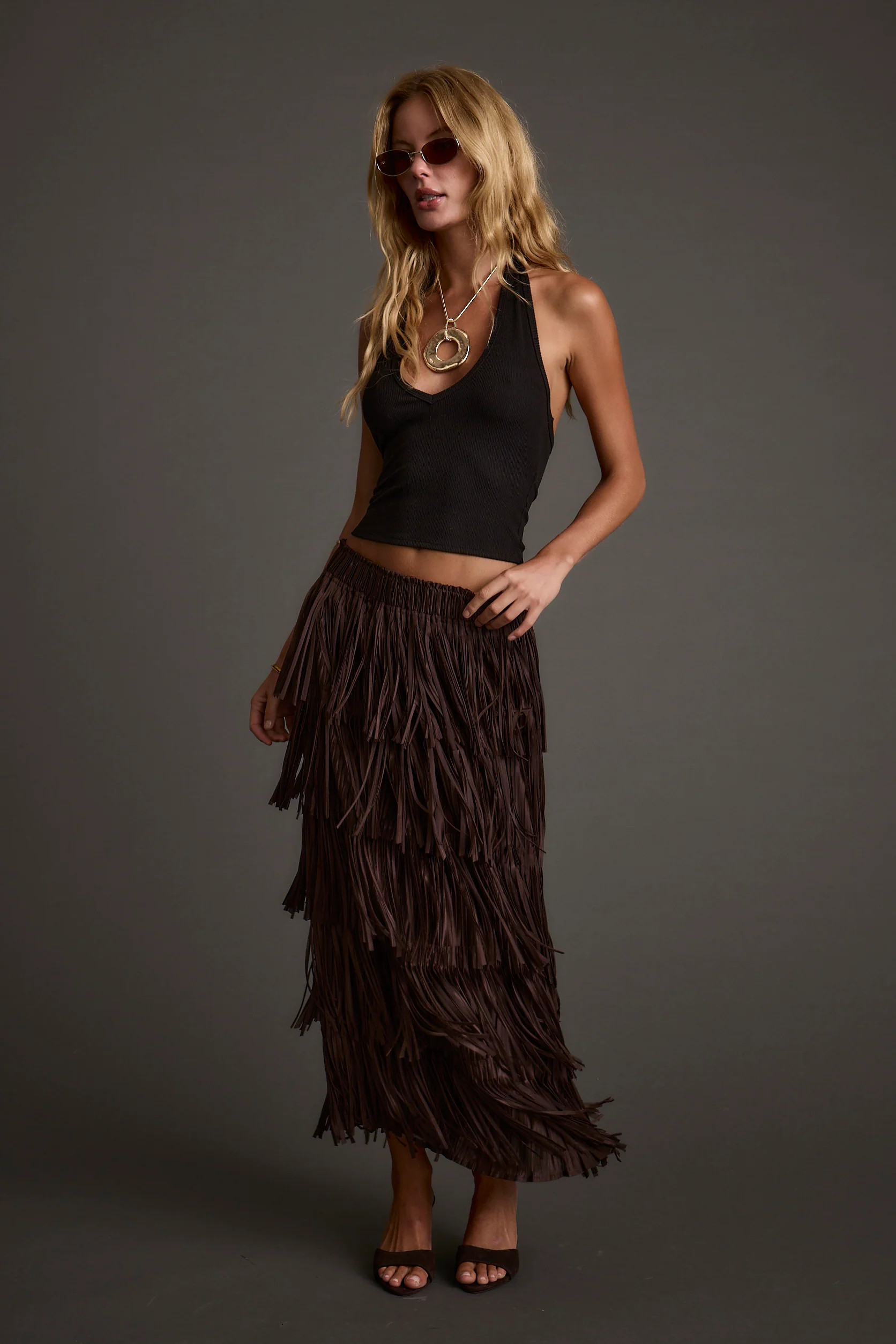 Eliza Espresso Fringe Maxi Skirt | 12th Tribe