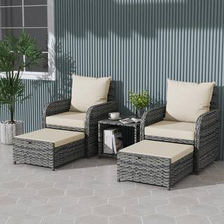 Uixe Gray 5-Piece Outdoor Dining Chair Rattan Wicker Patio Conversation Sofa Ottoman and Table Se... | The Home Depot