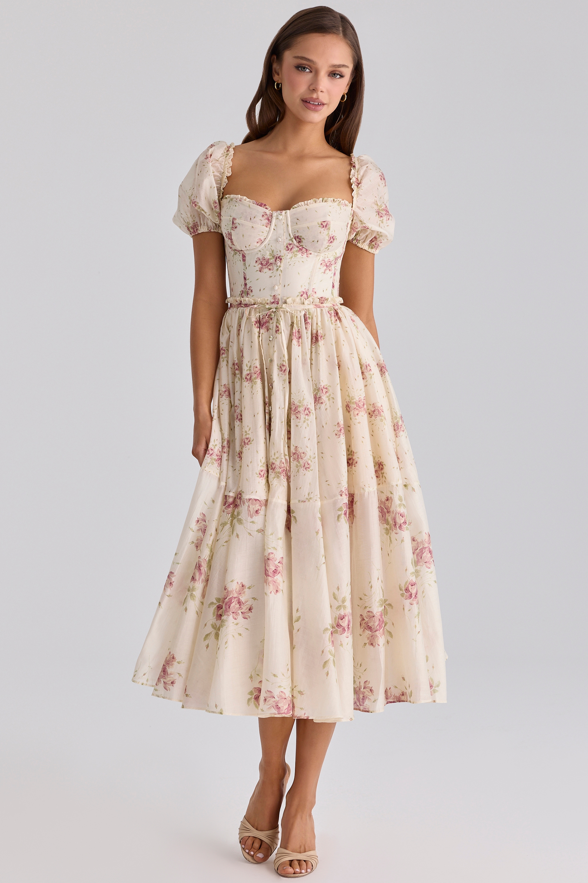 ivory vintage rose print chiffon midi dress | House of CB
