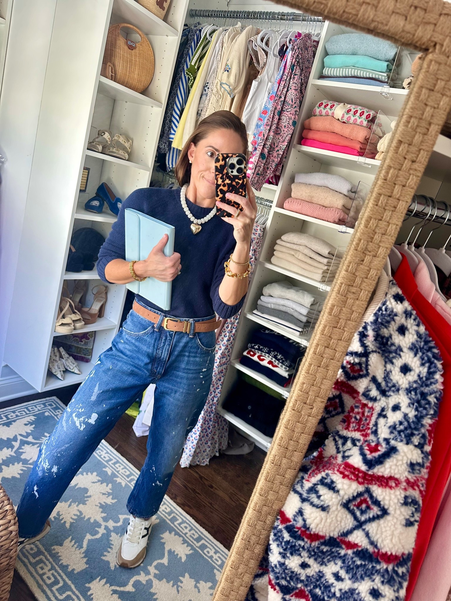 Sezane sweater, polo boyfriend denim, Veronica beard sneakers and Amazon heart  necklace 