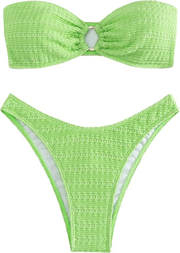 SHENHE Women's Bikini Set Summer 2 Piece Ring Linked Smocked Bandeau Bathing Swimsuit | Amazon (US)