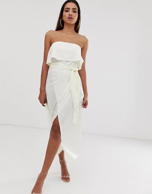 PrettyLittleThing bandeau midi dress with wrap tie waist in white hammered satin | ASOS UK