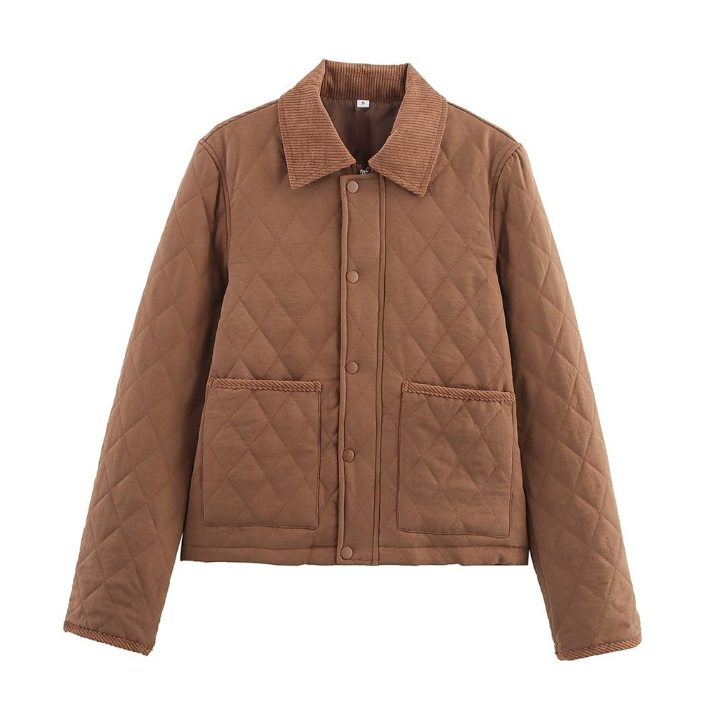 Chevara Women’s Diamond Quilted Jacket Corduroy Collar Long Sleeves Fall Casual Padded Coat wit... | Amazon (US)