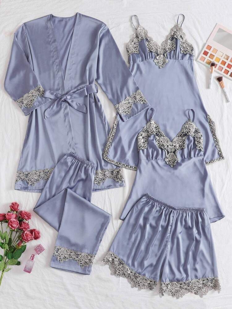 5pcs Satin Contrast Lace PJ Set With Belt | SHEIN