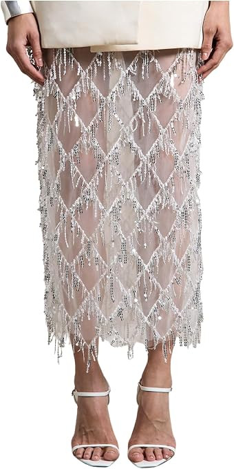 MakeMeChic Women's Sequin Fringe Midi Pencil Skirts Mesh Sheer Sparkly | Amazon (US)