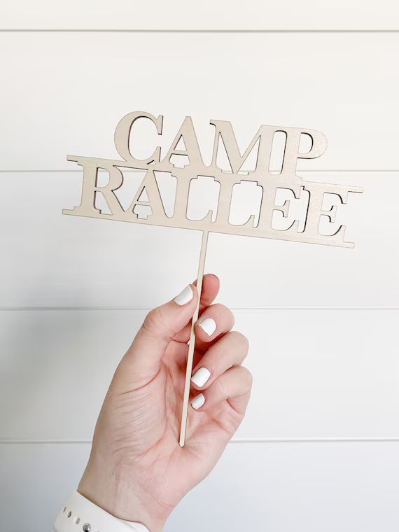 Camp Name Wood Birthday Cake Topper // Camping party // Camper themed party // Boy Birthday Party | Etsy (US)