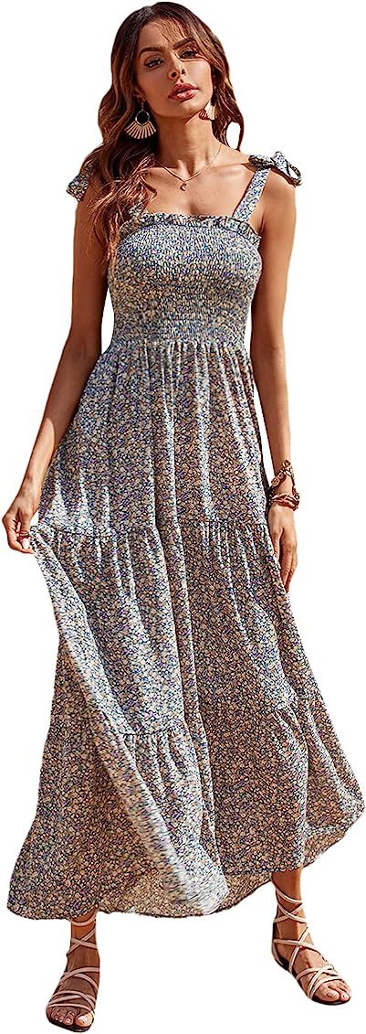 Floerns Women's Floral Print Tie Strap Square Neck Ruffle Boho Maxi Dress | Amazon (US)