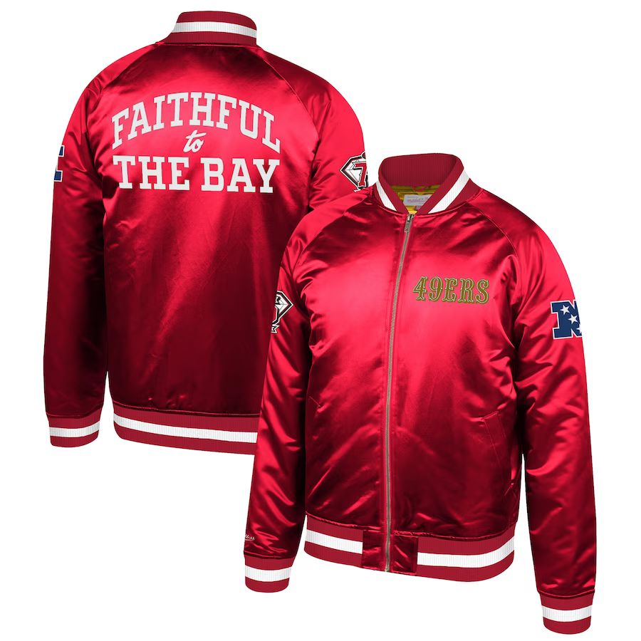 San Francisco 49ers Mitchell & Ness 75th Anniversary Faithful to the Bay Full-Snap Satin Jacket -... | Fanatics