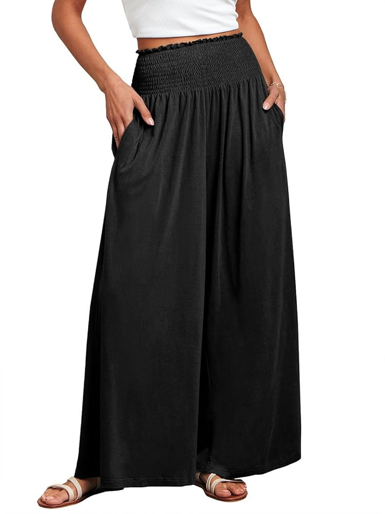 ANRABESS Women Palazzo Pants Summer Boho Bagyy Wide Leg High Smocked Waist Casual Loose Lounge Pa... | Amazon (US)