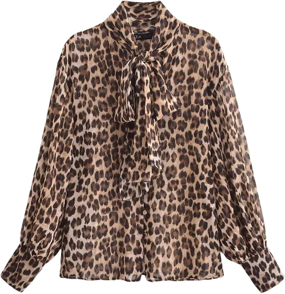 Women Leopard Print Shirts Long Sleeve Translucent Blouse Bow Casual Buttons Blouse Tops | Amazon (US)