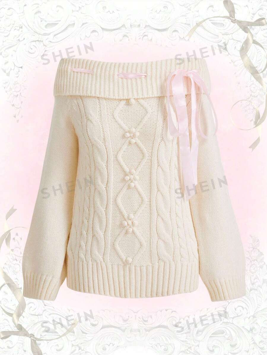 ROMWE Kawaii Off Shoulder Bow Front Cable Knit Sweater | SHEIN