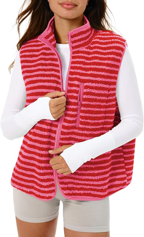 Gacaky Women's Striped Vest Winter Warm Cropped Stand Collar Full Zip Sleeveless Fleece Jacket Zi... | Amazon (US)