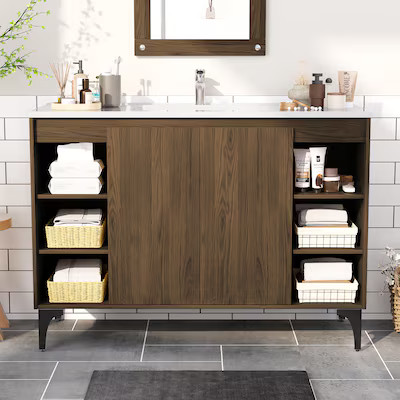 JEAREY 48 in Bathroom Vanity 48-in Brown Single Sink Bathroom Vanity with White Polymarble Top Lo... | Lowe's