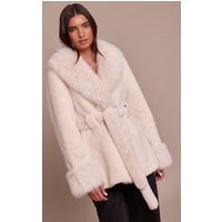 Cream Plush Faux Fur Self Tie Coat | PrettyLittleThing US