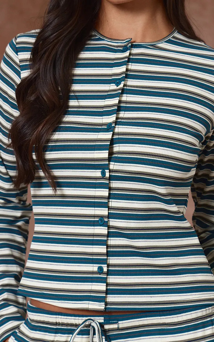 Green Stripe Soft Rib Fitted Button Up Top | PrettyLittleThing USA | PrettyLittleThing US