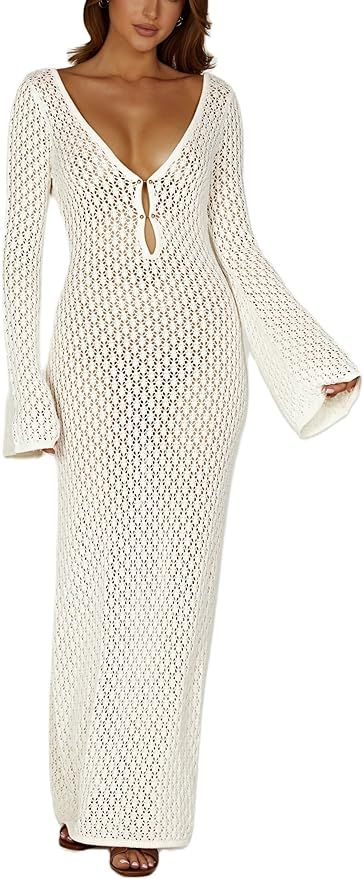 Women See Through Knit Long Dress Long Sleeve Crochet Maxi Bodycon Dress Backless Beach Bikini Co... | Amazon (US)
