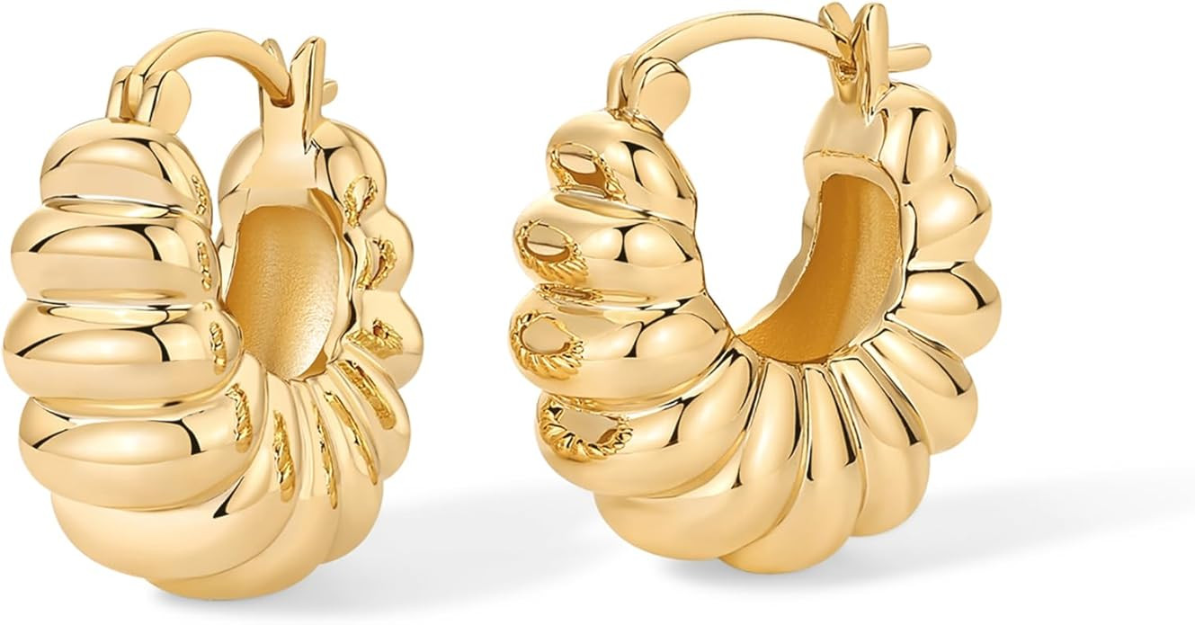 PAVOI 14K Gold Plated Bold Statement Hoop Earrings for Women - Trendy Boho Ribbed Croissant Scall... | Amazon (US)