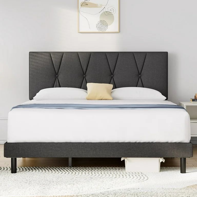 Full Bed Frame, HAIIDE Full Size Platform Bed With Fabric Upholstered Headboard,Dark Grey | Walmart (US)